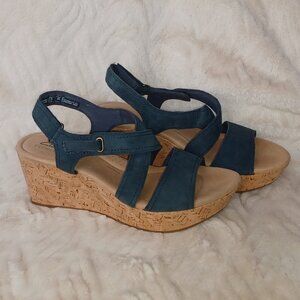 Clark's Navy Blue Suede Cork Wedge Sandals